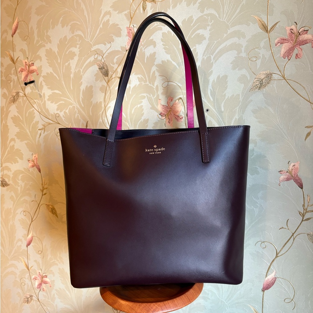 Kate Spade Leather Tote Bag - Dark Plum with Pink Interior